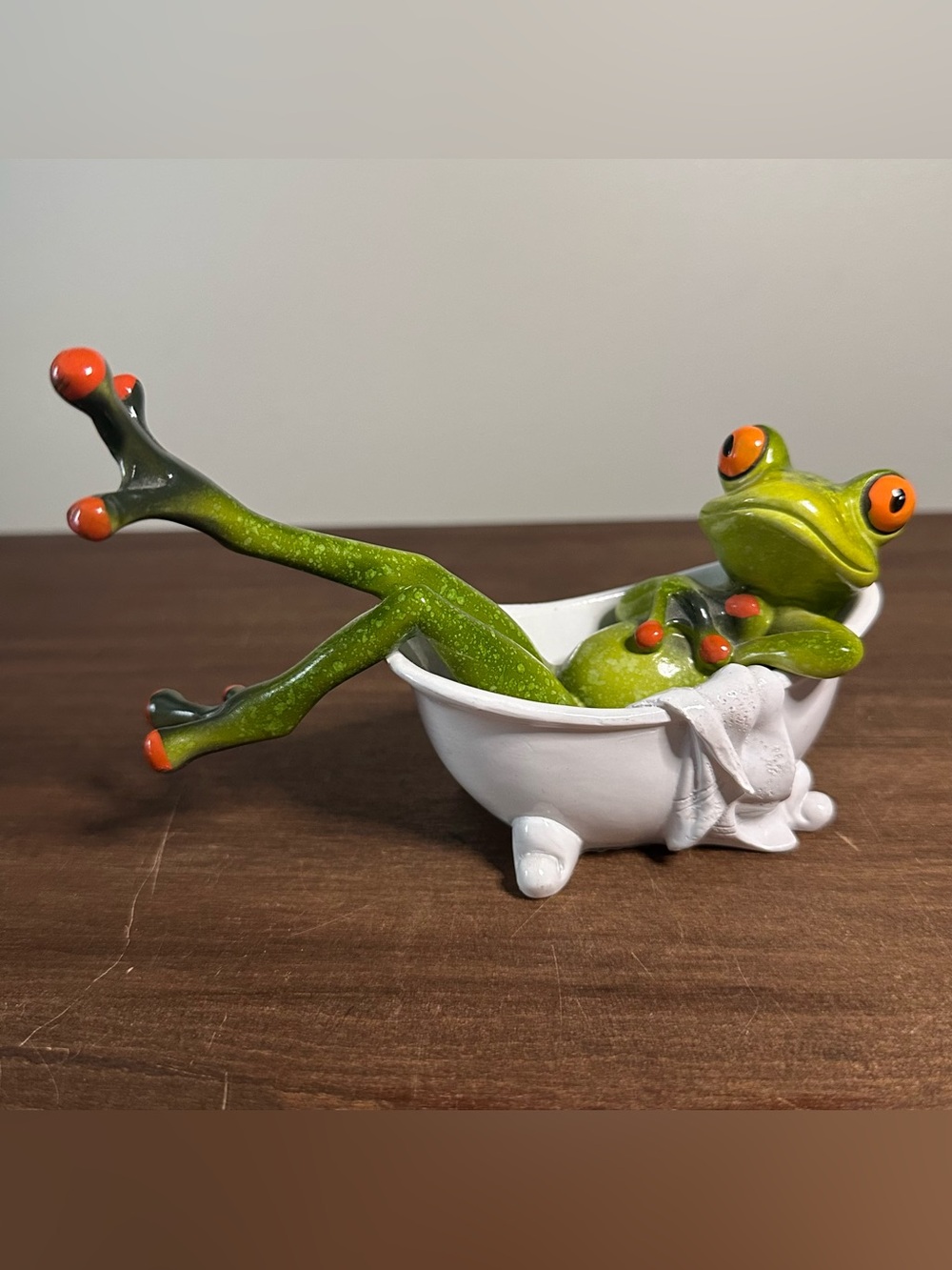 Whimsical Green Lady Diva Frog with Orange Nails Soaking in Bath Tub Figurine